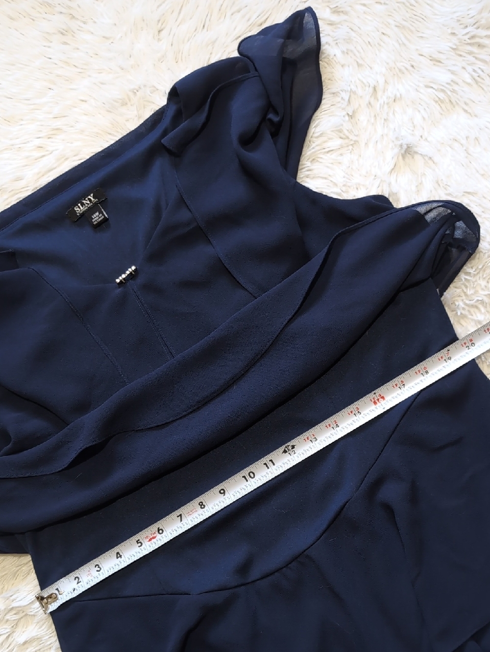 SLNY Navy Blue Tiered Capelet Rhinestone Detail Flowy Ruffle Dress Size 14W - Picture 11 of 13